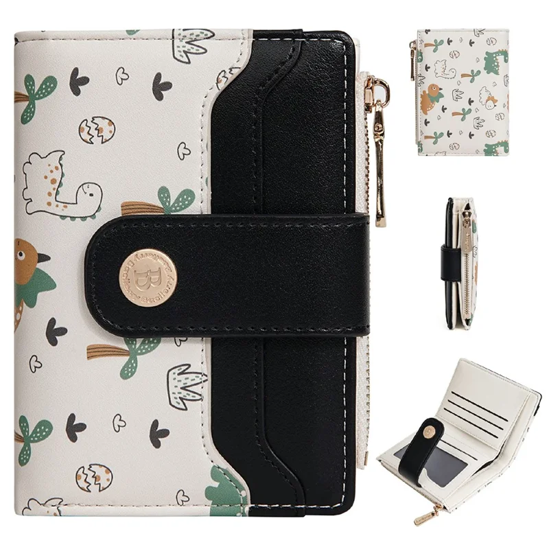 BAELLERRY N8343 Small Wallet Cute Dinosaur PU Leather Zipper Pocket Coin Purse Bifold Compact - Black