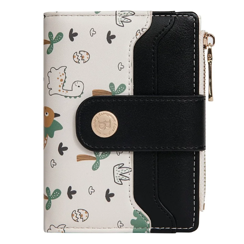 BAELLERRY N8343 Small Wallet Cute Dinosaur PU Leather Zipper Pocket Coin Purse Bifold Compact - Black