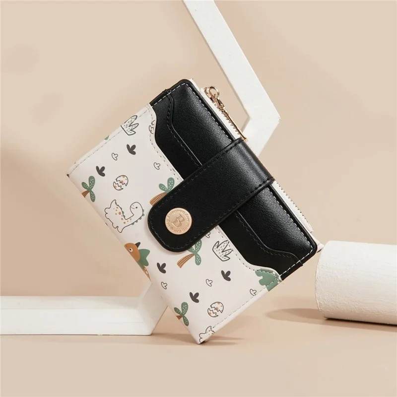 BAELLERRY N8343 Small Wallet Cute Dinosaur PU Leather Zipper Pocket Coin Purse Bifold Compact - Black