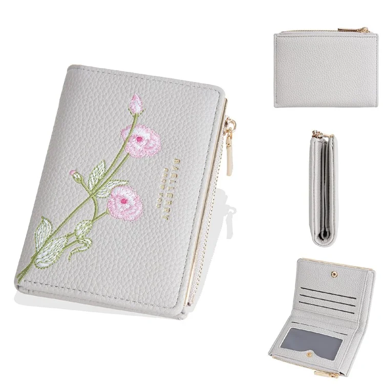BAELLERRY N8344 Small Wallet Floral Embroidery PU Leather Zipper Pocket Coin Purse Card Holder - White
