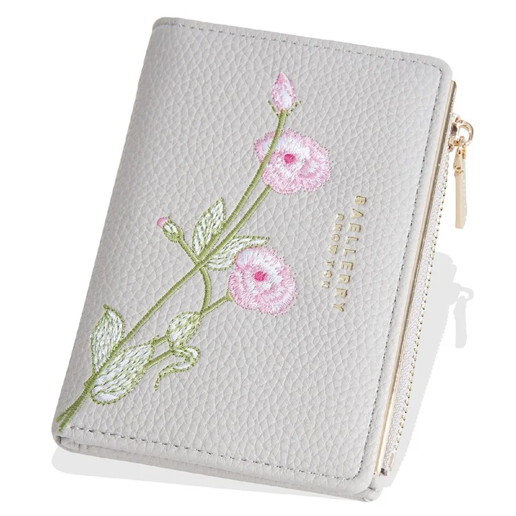 BAELLERRY N8344 Small Wallet Floral Embroidery PU Leather Zipper Pocket Coin Purse Card Holder - White
