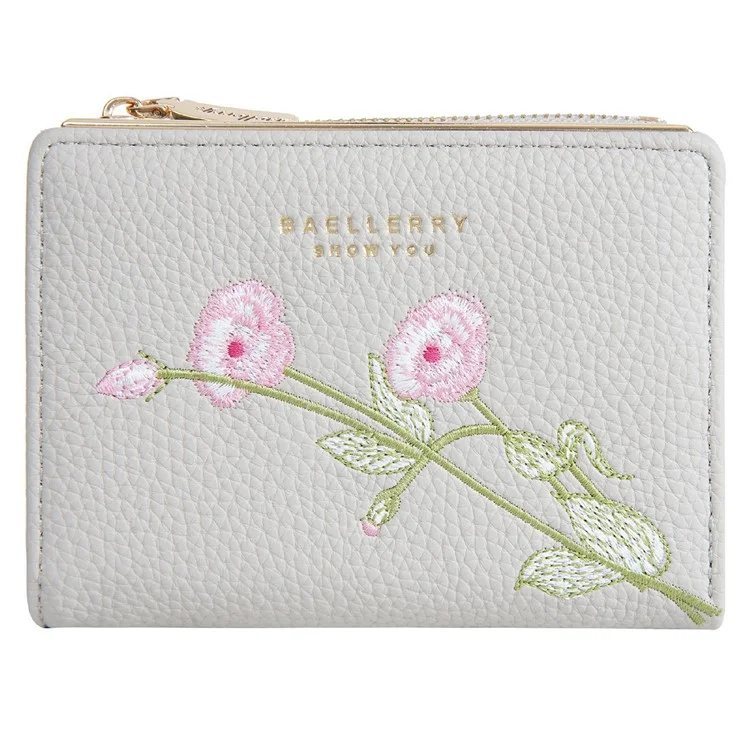 BAELLERRY N8344 Small Wallet Floral Embroidery PU Leather Zipper Pocket Coin Purse Card Holder - White