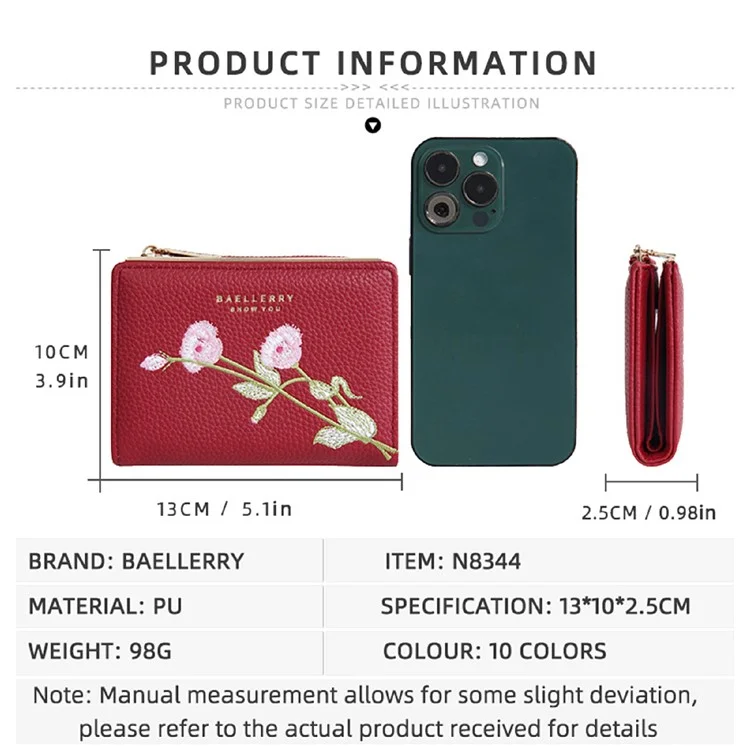 BAELLERRY N8344 Small Wallet Floral Embroidery PU Leather Zipper Pocket Coin Purse Card Holder - White