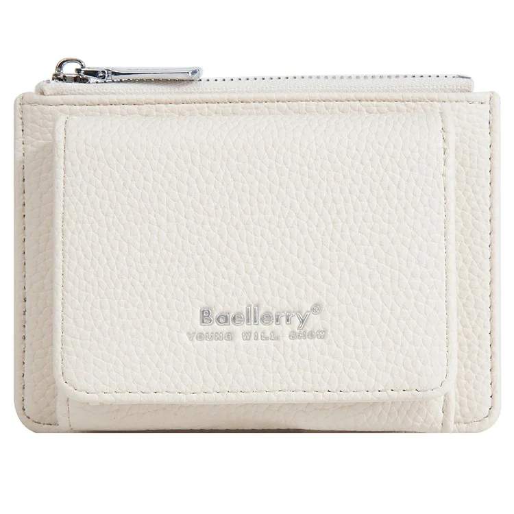 BAELLERRY N3080 Short Style Foldable Wallet Litchi Texture PU Zipper Coin Purse for Women - White