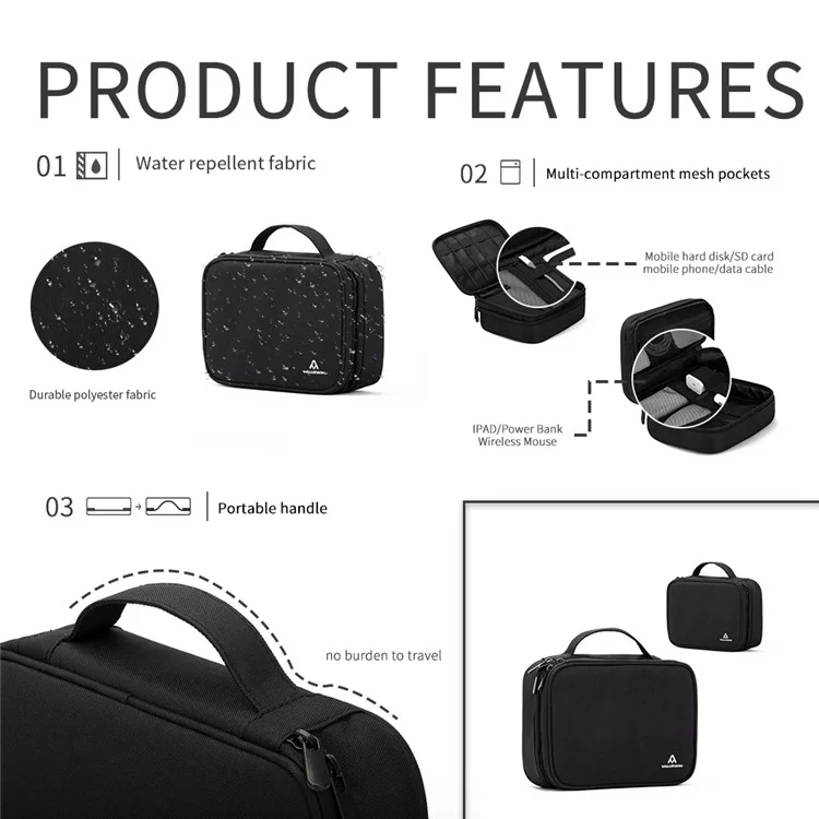 Valorwin Md090 Cabine de Cabos de Energia Banco de Armazenamento Case de Acessórios Digitais Bolsa Phone Phone Mouse Bolsa de Transporte, Tamanho: L - Preto