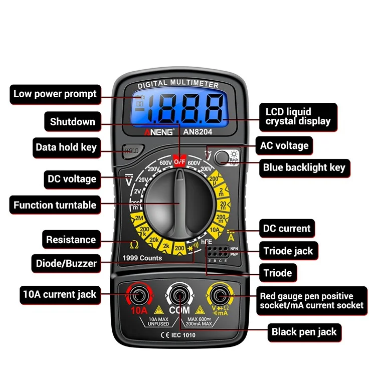 ANENG AN8204 Digital Multimeter AC / DC Voltage DC Current Resistance Diode Tester - Black