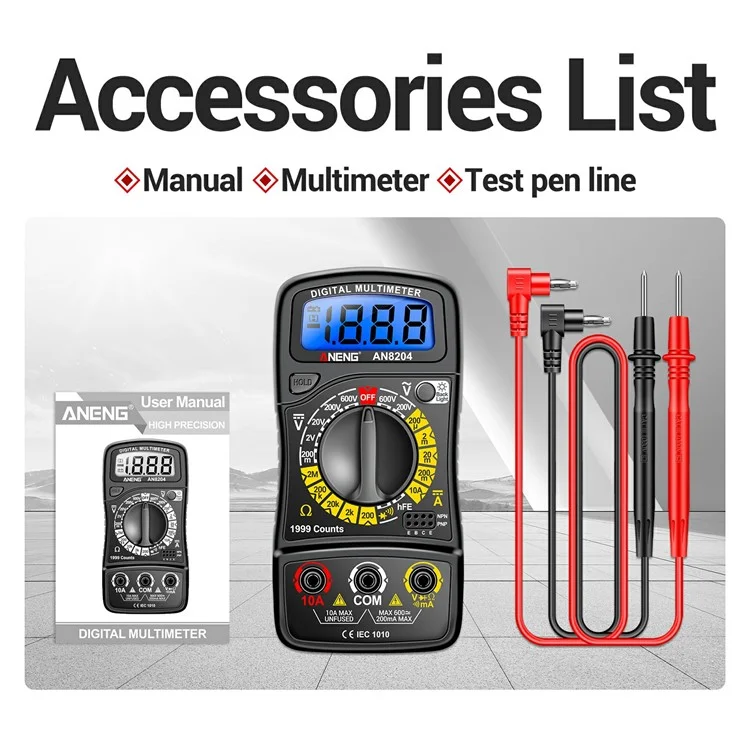 ANENG AN8204 Digital Multimeter AC / DC Voltage DC Current Resistance Diode Tester - Black