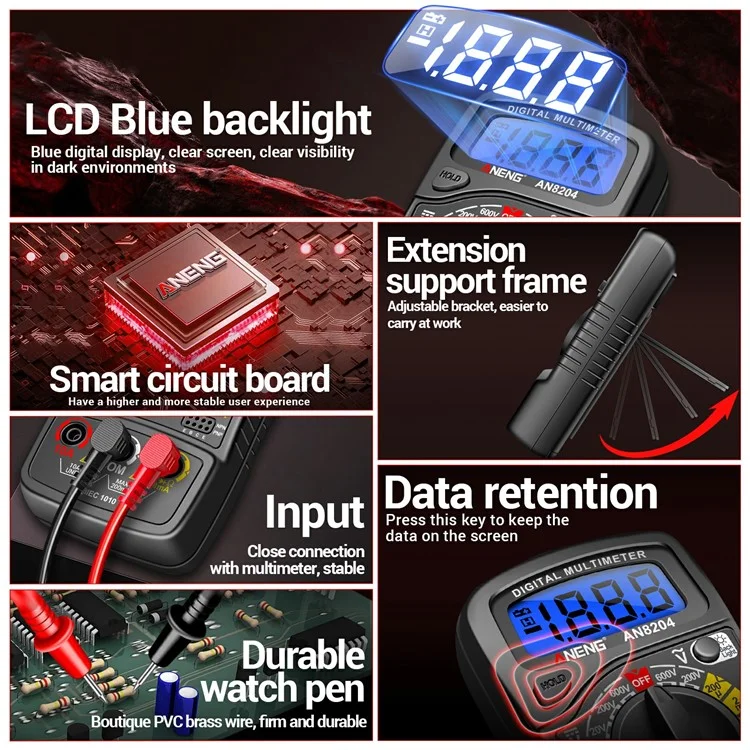 ANENG AN8204 Digital Multimeter AC / DC Voltage DC Current Resistance Diode Tester - Black