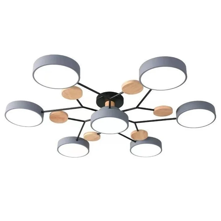 Lustre LED moderno para sala de estar e quarto, com 7 círculos e decoração de madeira - Cinza