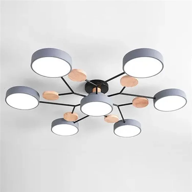 Lustre LED moderno para sala de estar e quarto, com 7 círculos e decoração de madeira - Cinza