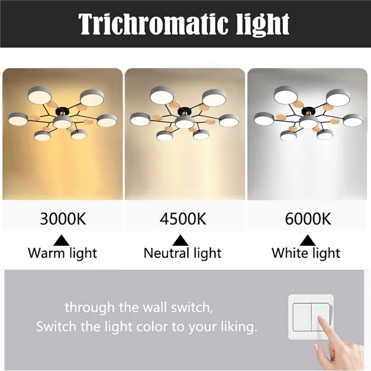 Lustre LED moderno para sala de estar e quarto, com 7 círculos e decoração de madeira - Cinza