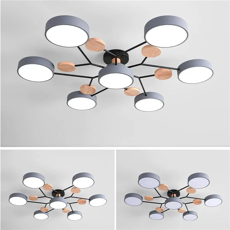 Lustre LED moderno para sala de estar e quarto, com 7 círculos e decoração de madeira - Cinza