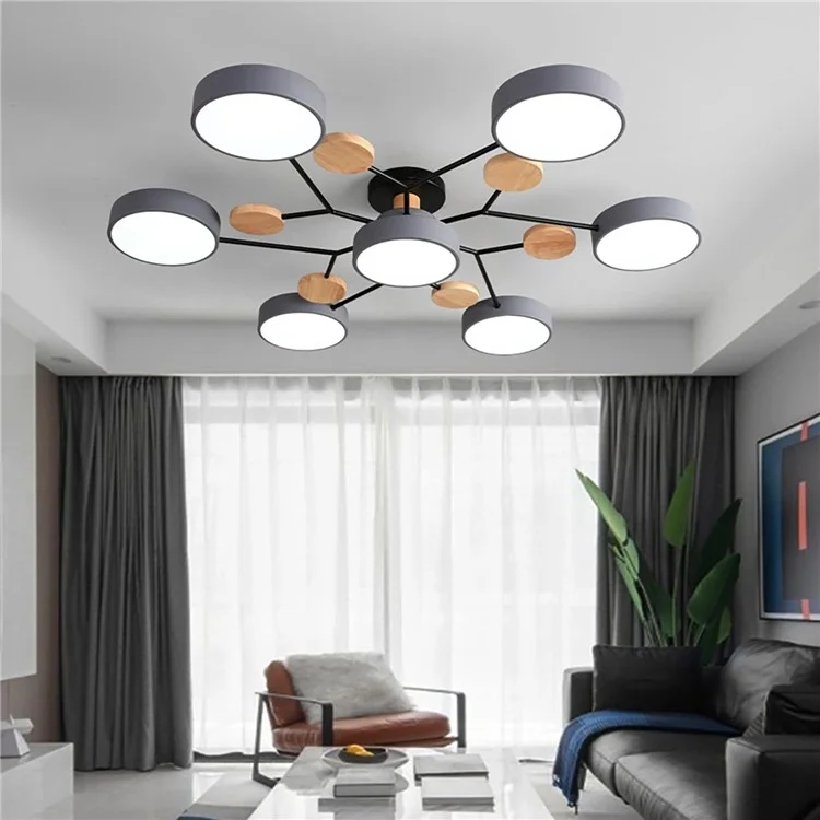 Lustre LED moderno para sala de estar e quarto, com 7 círculos e decoração de madeira - Cinza