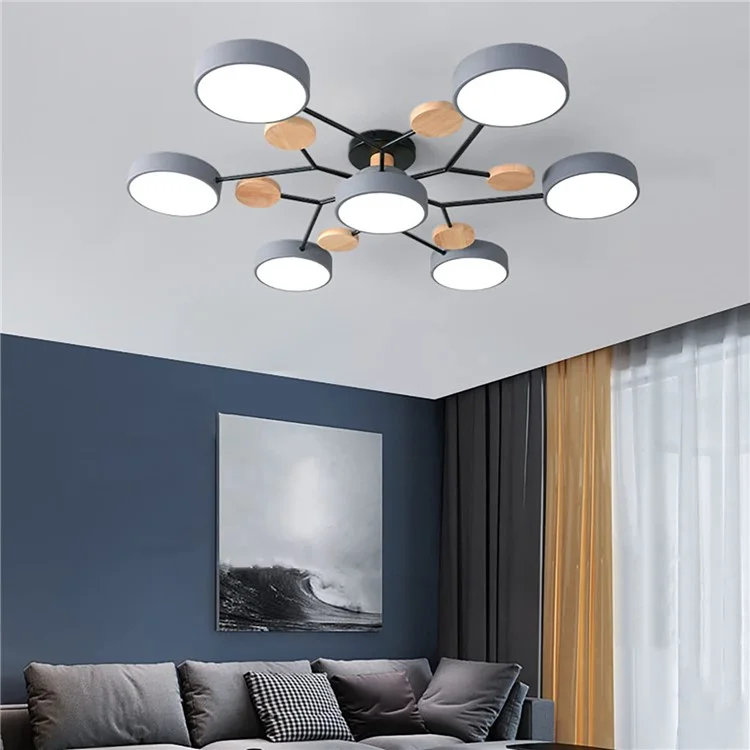 Lustre LED moderno para sala de estar e quarto, com 7 círculos e decoração de madeira - Cinza