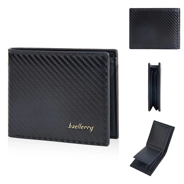 BAELLERRY D2396 Slim Bifold Wallet Zippered Card Holder Carbon Fiber Pattern Purse - Black