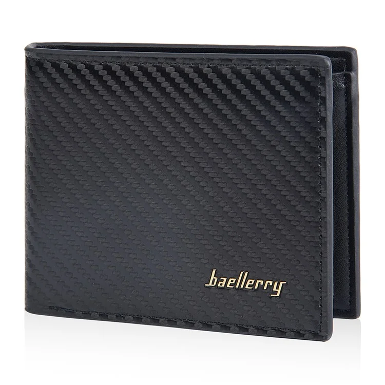 BAELLERRY D2396 Slim Bifold Wallet Zippered Card Holder Carbon Fiber Pattern Purse - Black