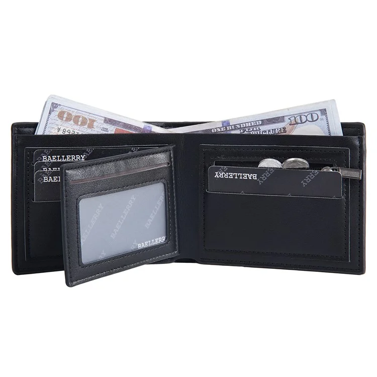 BAELLERRY D2396 Slim Bifold Wallet Zippered Card Holder Carbon Fiber Pattern Purse - Black