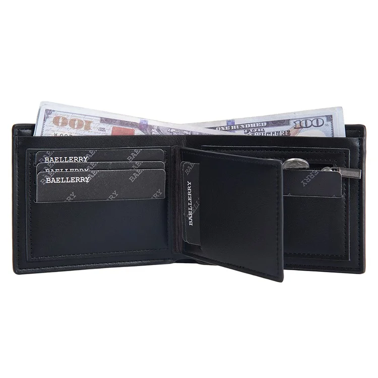 BAELLERRY D2396 Slim Bifold Wallet Zippered Card Holder Carbon Fiber Pattern Purse - Black