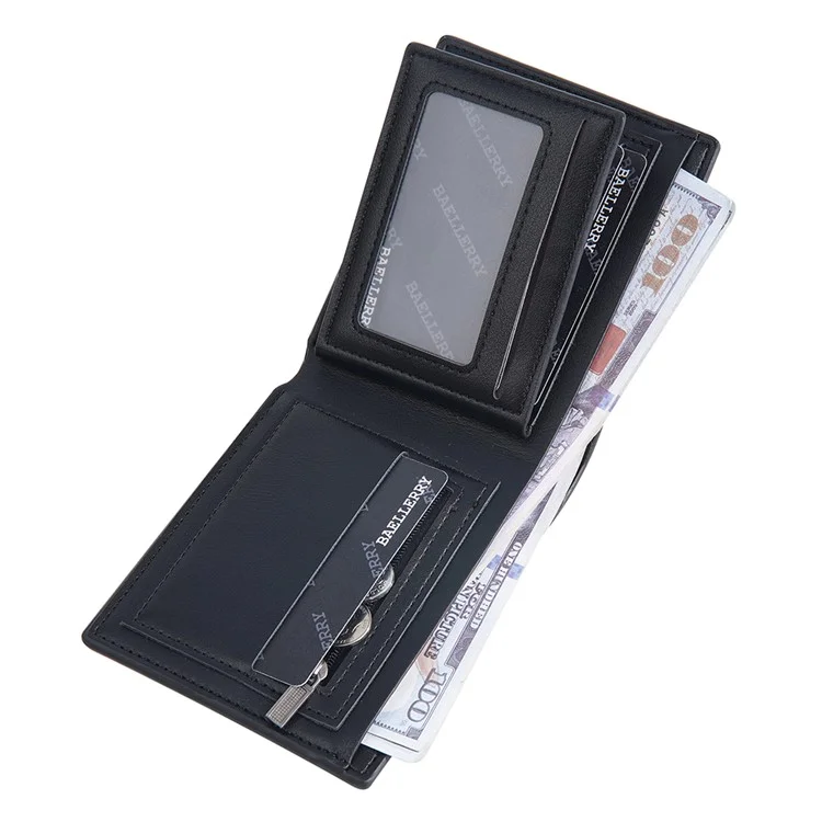 BAELLERRY D2396 Slim Bifold Wallet Zippered Card Holder Carbon Fiber Pattern Purse - Black