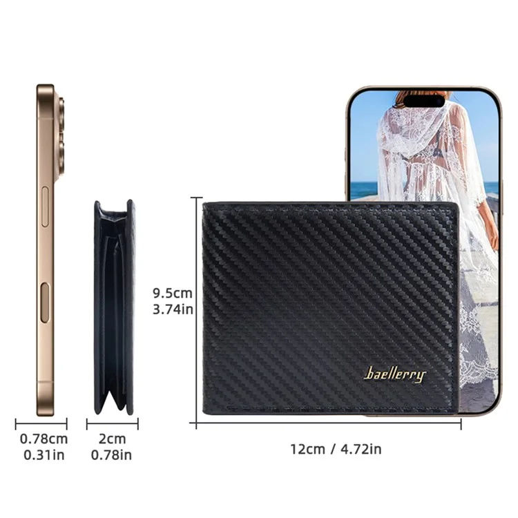 BAELLERRY D2396 Slim Bifold Wallet Zippered Card Holder Carbon Fiber Pattern Purse - Black