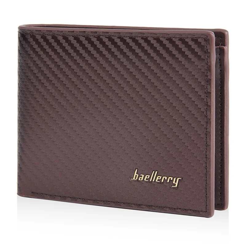 BAELLERRY D2396 Slim Bifold Wallet Zippered Card Holder Carbon Fiber Pattern Purse - Coffee