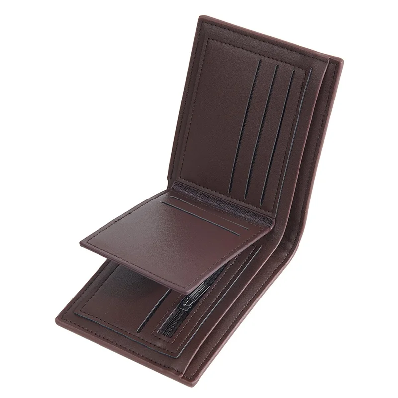 BAELLERRY D2396 Slim Bifold Wallet Zippered Card Holder Carbon Fiber Pattern Purse - Coffee