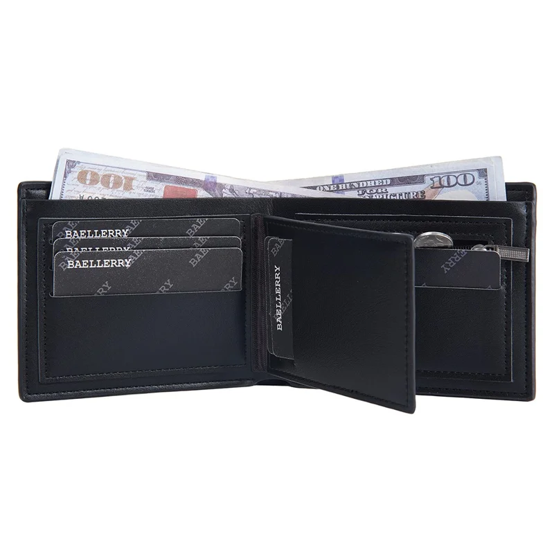 BAELLERRY D2396 Slim Bifold Wallet Zippered Card Holder Carbon Fiber Pattern Purse - Coffee