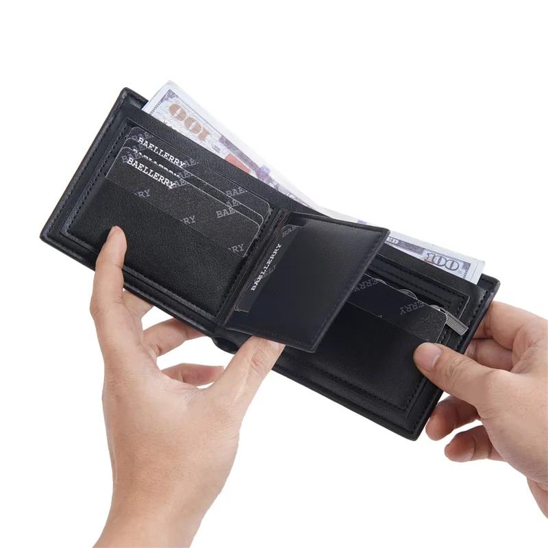 BAELLERRY D2396 Slim Bifold Wallet Zippered Card Holder Carbon Fiber Pattern Purse - Coffee