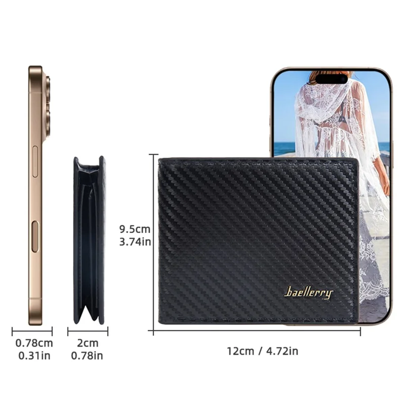 BAELLERRY D2396 Slim Bifold Wallet Zippered Card Holder Carbon Fiber Pattern Purse - Coffee