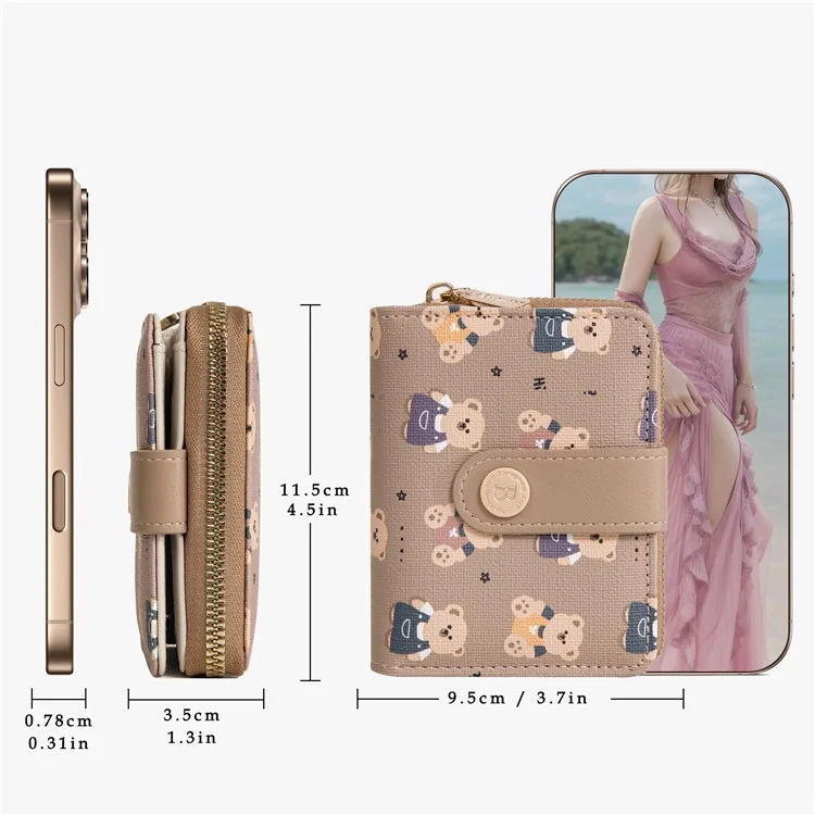 Carteira de urso de desenho animado fofa BAELLERRY N5584 com bolso com botão e zíper - Marrom