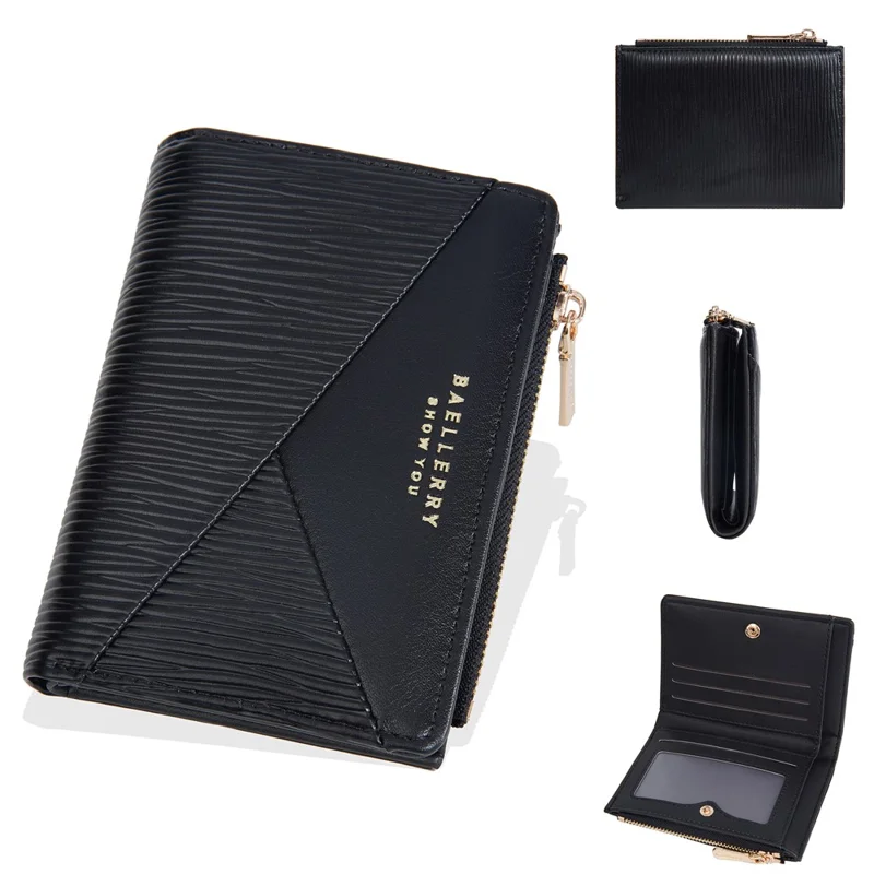 BAELLERRY N8348 Leather Wallet Coin Purse Bifold Zipper Pocket Card Case - Black