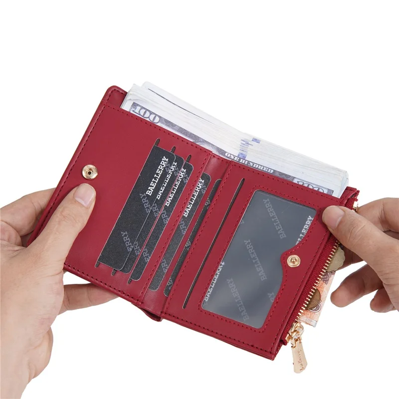 BAELLERRY N8348 Leather Wallet Coin Purse Bifold Zipper Pocket Card Case - Black