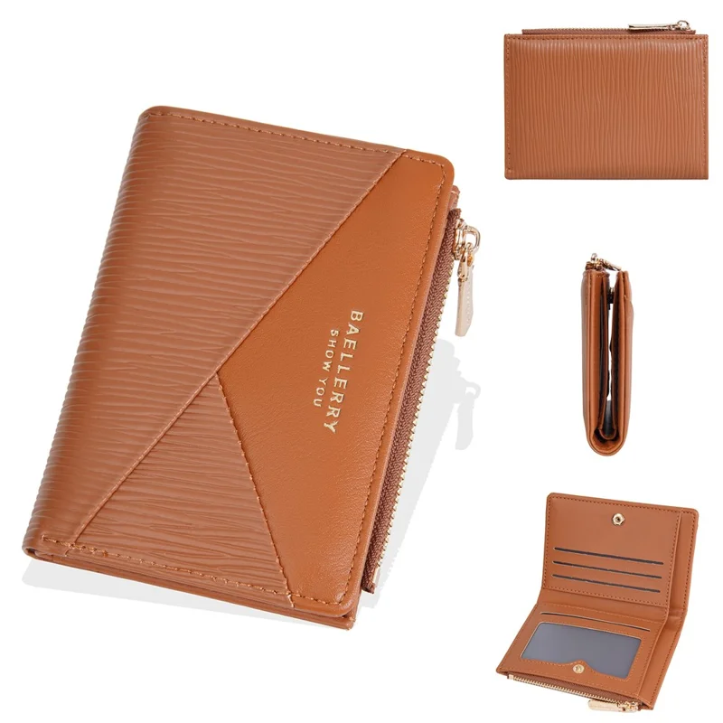 BAELLERRY N8348 Leather Wallet Coin Purse Bifold Zipper Pocket Card Case - Brown