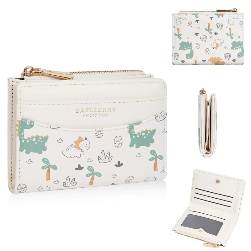 BAELLERRY N8349 Cute Dinosaur Wallet Bifold Zipper Coin Purse Small Pouch Card Holder - White