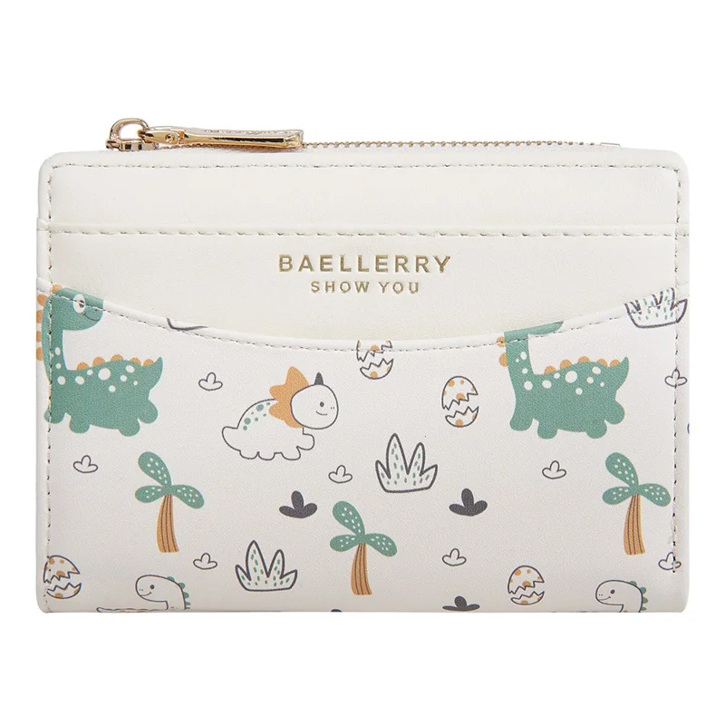 BAELLERRY N8349 Cute Dinosaur Wallet Bifold Zipper Coin Purse Small Pouch Card Holder - White