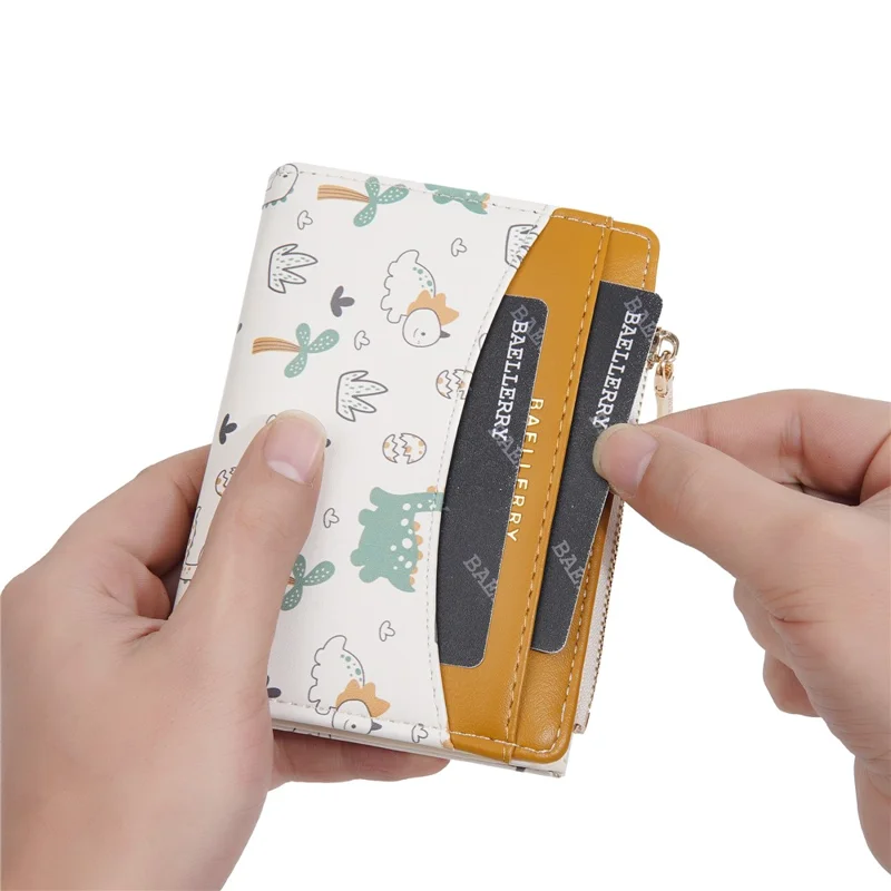BAELLERRY N8349 Cute Dinosaur Wallet Bifold Zipper Coin Purse Small Pouch Card Holder - White