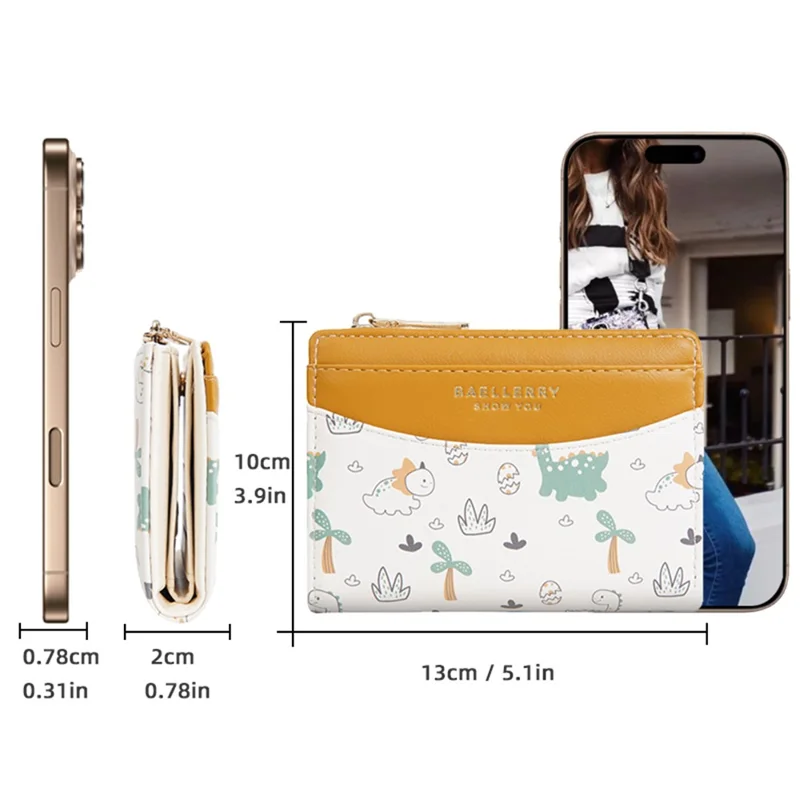 BAELLERRY N8349 Cute Dinosaur Wallet Bifold Zipper Coin Purse Small Pouch Card Holder - White