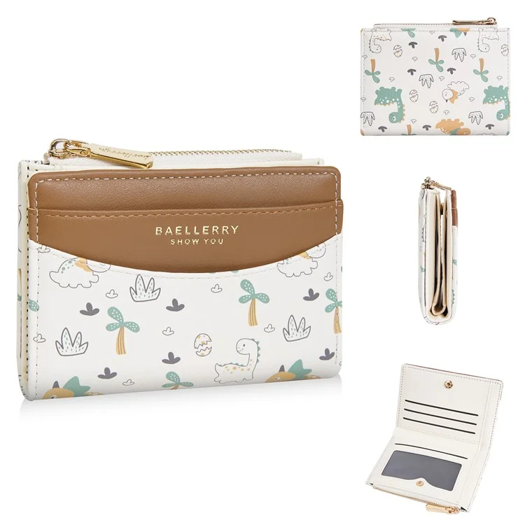 BAELLERRY N8349 Cute Dinosaur Wallet Bifold Zipper Coin Purse Small Pouch Card Holder - Brown