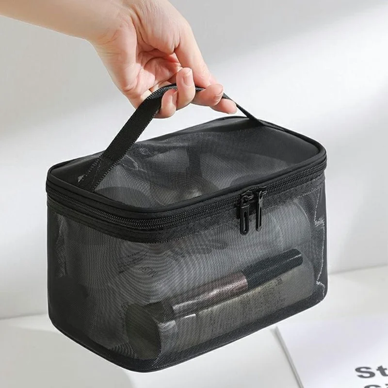 Single Layer Zipper Mesh Toiletry Bag Travel Portable Makeup Cosmetics Storage Organizer - Black