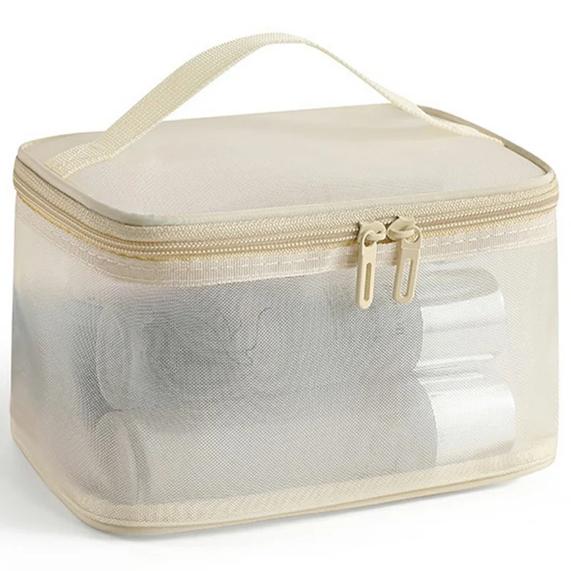Single Layer Zipper Mesh Toiletry Bag Travel Portable Makeup Cosmetics Storage Organizer - Beige