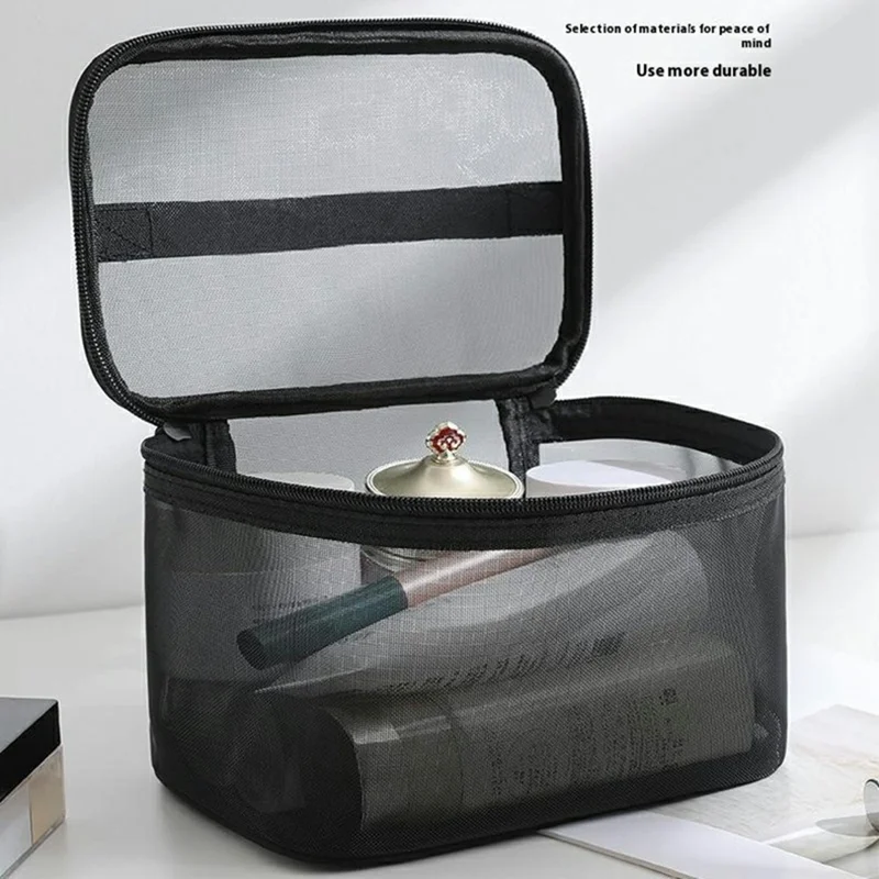 Single Layer Zipper Mesh Toiletry Bag Travel Portable Makeup Cosmetics Storage Organizer - Beige