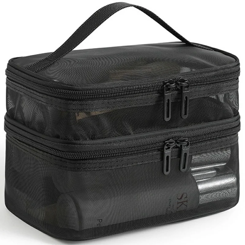 Double Layer Zipper Mesh Toiletry Bag Portable Travel Nylon Makeup Cosmetics Storage Organizer - Black