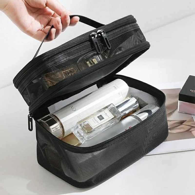 Double Layer Zipper Mesh Toiletry Bag Portable Travel Nylon Makeup Cosmetics Storage Organizer - Black