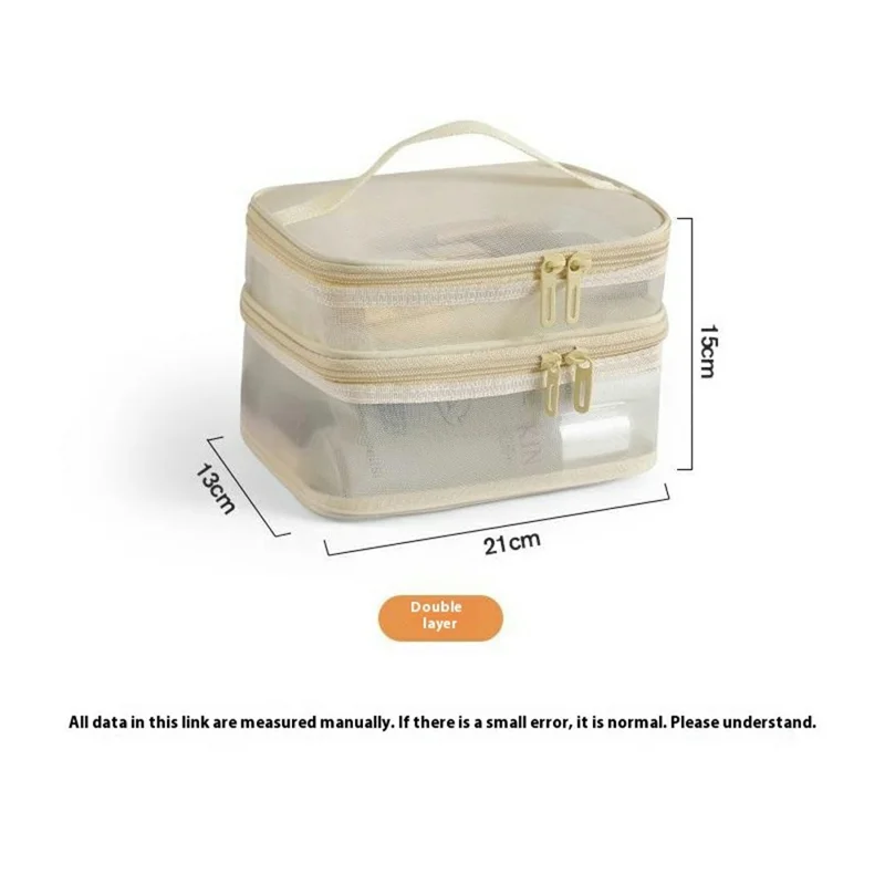 Double Layer Zipper Mesh Toiletry Bag Portable Travel Nylon Makeup Cosmetics Storage Organizer - Black