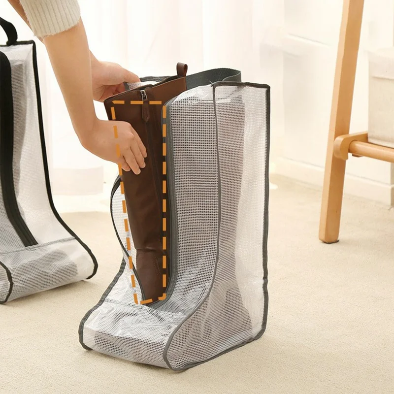 Dustproof Shoes Storage Bag with Zipper See Through PVC Waterproof Thigh Boots Organizer - Grey Edge