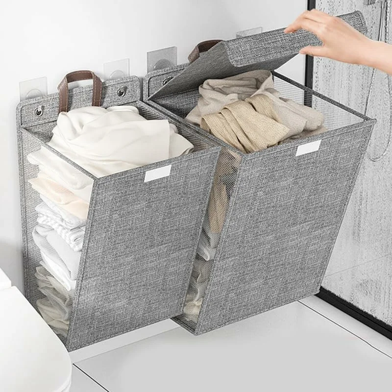 Foldable Hanging Laundry Hamper Bathroom Clothes Basket Wall-Mounted Washing Bin, Size M - Grey