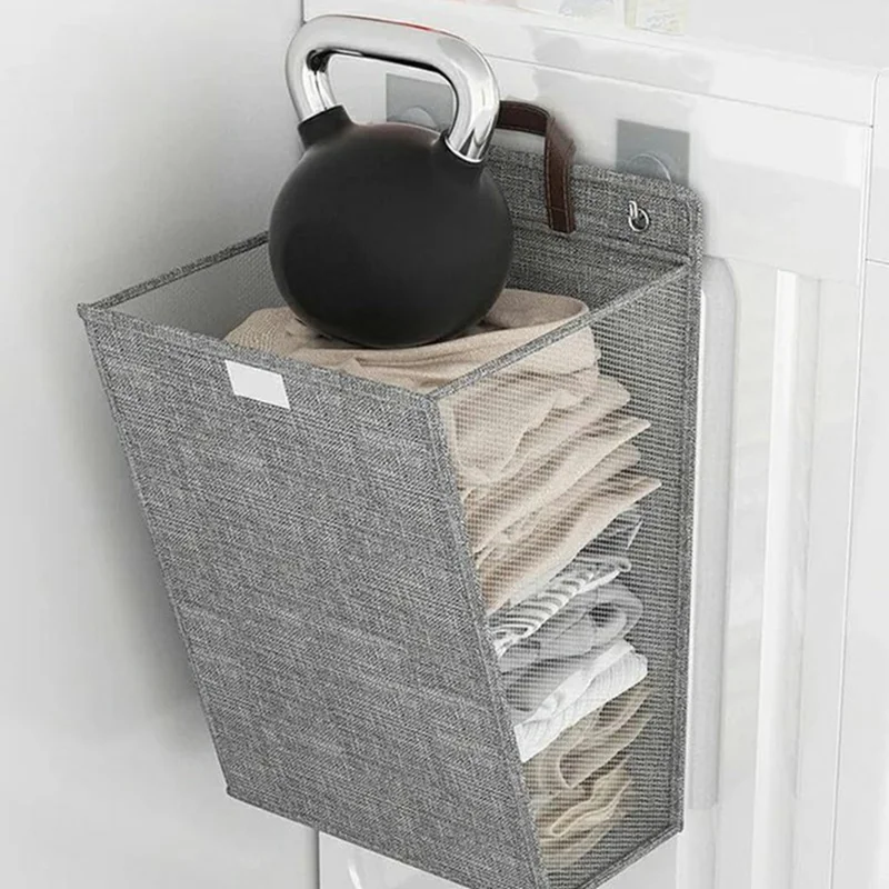 Foldable Hanging Laundry Hamper Bathroom Clothes Basket Wall-Mounted Washing Bin, Size M - Grey