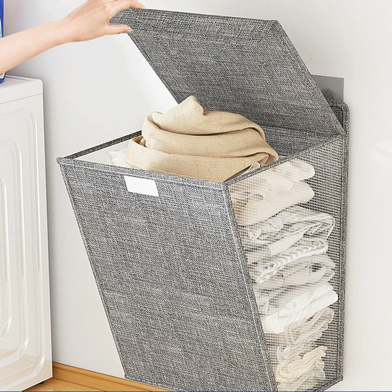 سلة غسيل قابلة للطي للحمام، سلة ملابس، سلال غسيل مثبتة على الحائط (الحجم: كبير) - رمادي