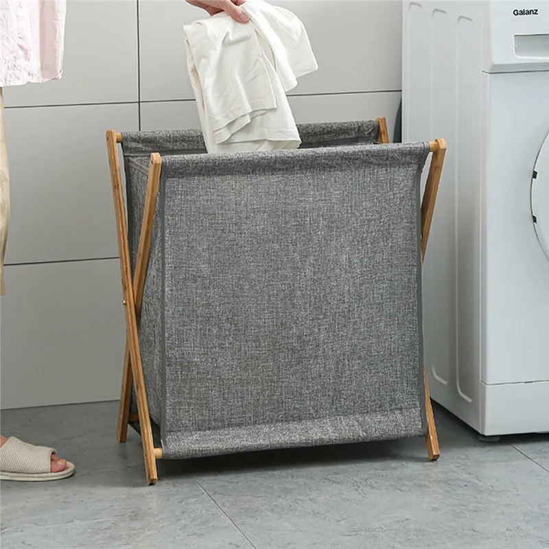 Collapsible Bamboo Frame Laundry Hamper Clothes Storage Basket for Bathroom Bedroom Size S