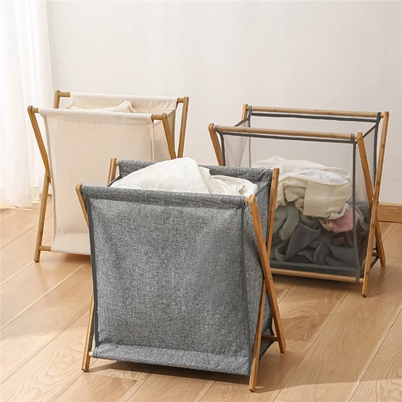 Collapsible Bamboo Frame Laundry Hamper Clothes Storage Basket for Bathroom Bedroom Size S
